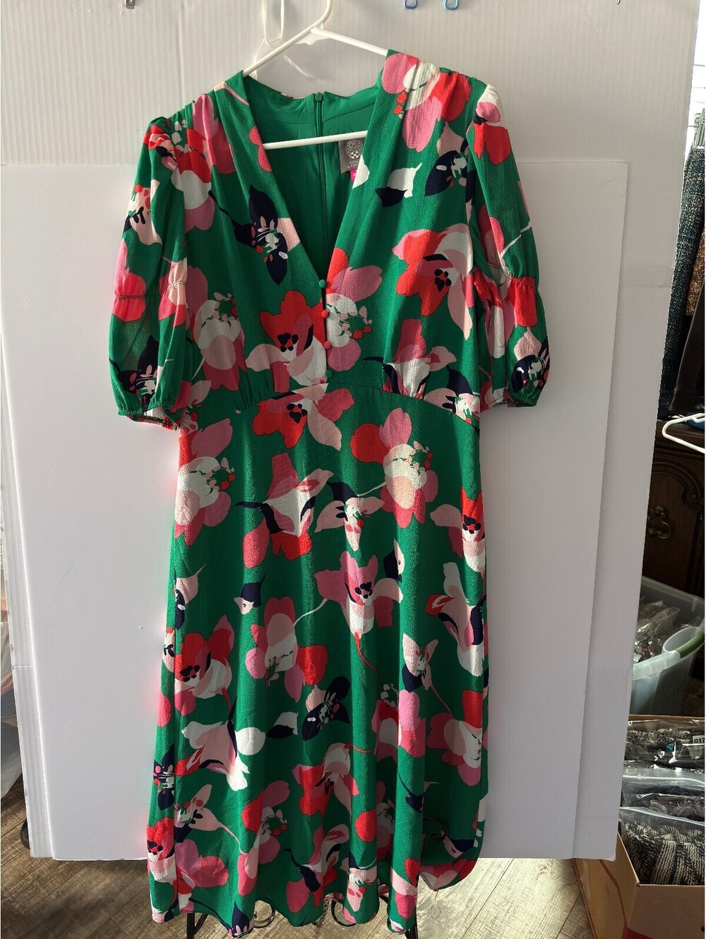 Vince Camuto Green Floral Midi Dress with Puff Sleeves Size 14